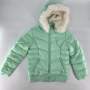 Justice‎ Mint Green Puffer Jacket with Faux Fur Hood